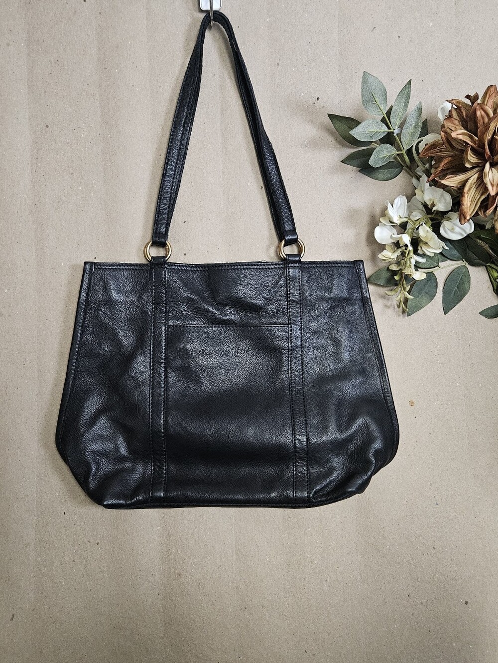 Margot New York Black Pebbled Tote Shoulder Bag Zip Gold Hardware Pockets